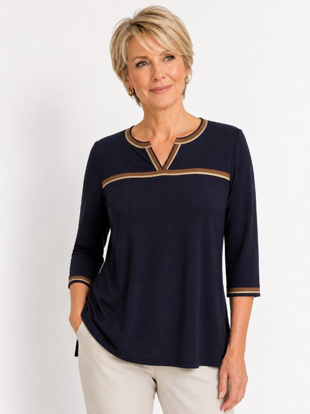 Vintage Misook Black Brown Tan Stripe Knit Tunic Sweater